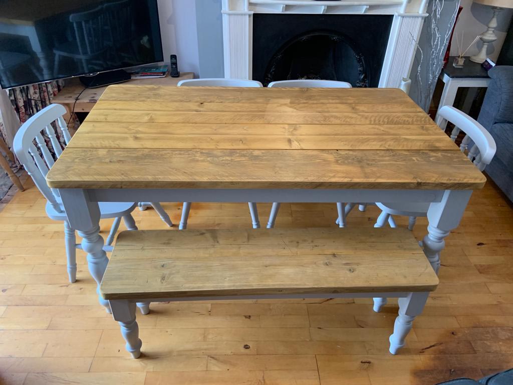 Blue dining table with reclaimed wood table top antique