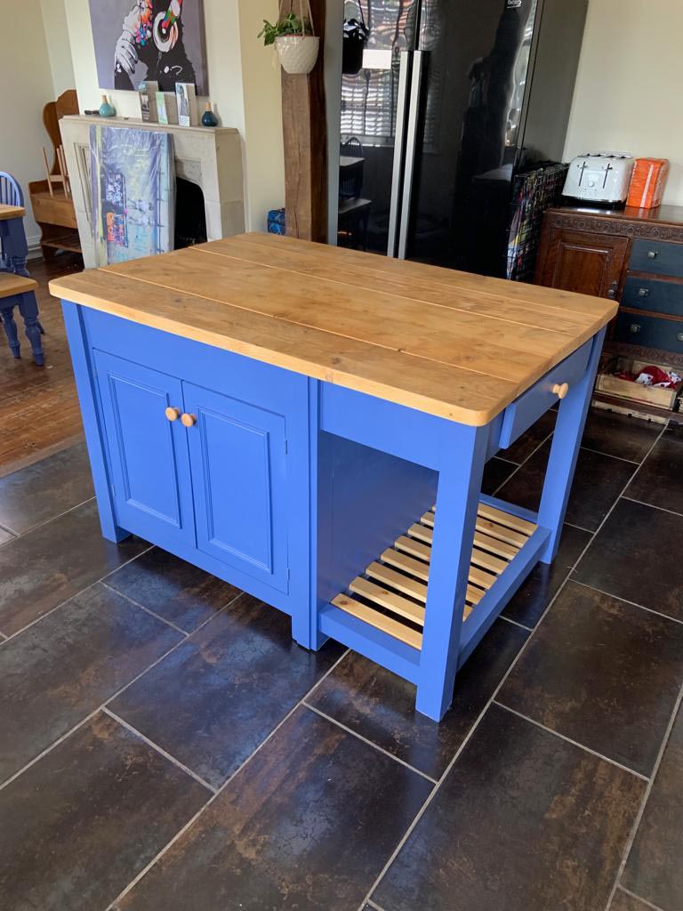 Bespoke Kitchen Island with blue paint and sanded pine top