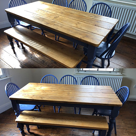 bespoke dining table with reclaimed top painted in blue